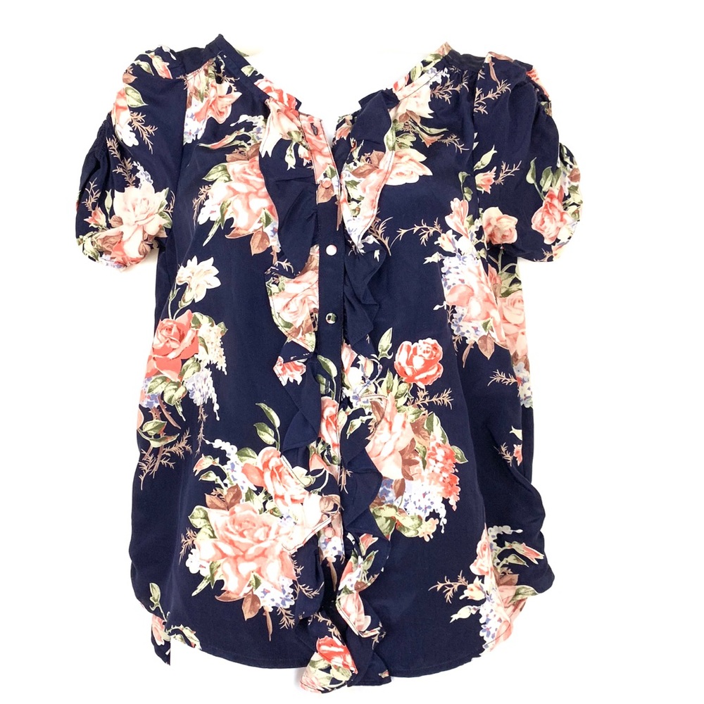 Joie Edita Dark Navy Floral Silk Ruffle Top XS
